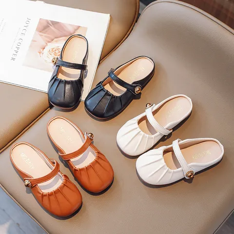 Girl's Mary Jane Mules Pleated Toe Princess Style Children's PU Leather Fashion Slippers Soft Sole Outdoor Home Footwear