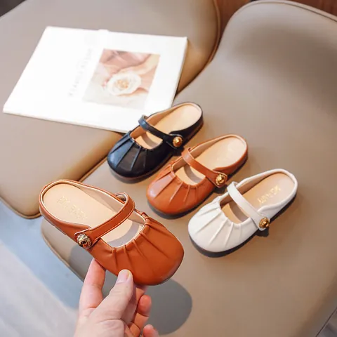 Girl's Mary Jane Mules Pleated Toe Princess Style Children's PU Leather Fashion Slippers Soft Sole Outdoor Home Footwear