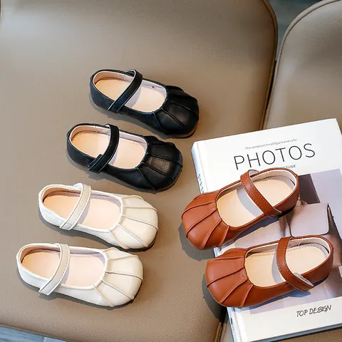 Toddler Girls Mary Jane Shoes PU Leather Shell Pleated Princess Shoes Soft Sole Hook And Loop Casual Flat Shoes For Kids