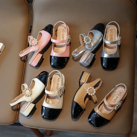 Girls Mary Jane Sandals Patent Leather Contrast Toe Pearl Decoration Princess Shoes For Wedding Party School Kids Footwear