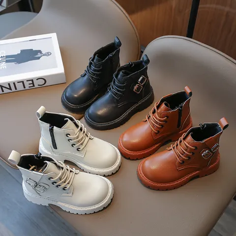 Girls Martin Boots Autumn Winter Kids Fashion PU Leather Boots Soft Sole Non Slip Children Short Boots With Side Zipper Bow Metal Buckle