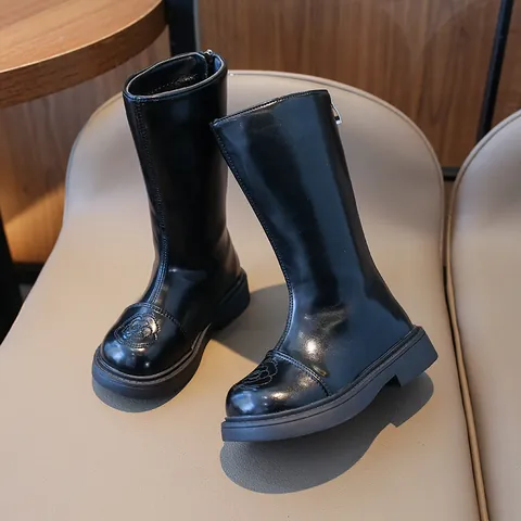 Mädchen Schwarze Hohe Stiefel Mit Kamelienblüten-Prägung Warmes Fleecefutter Prinzessin Mode PU Lederstiefel Für Kinder