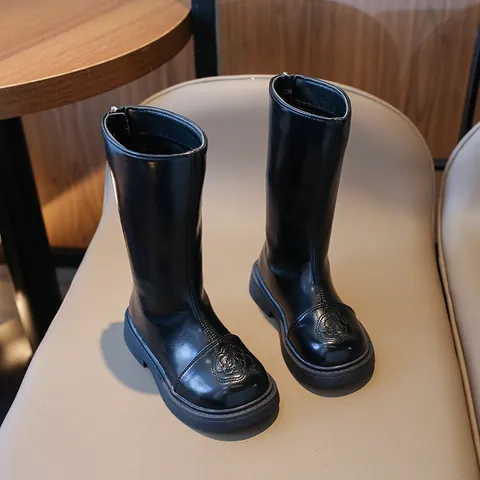 Mädchen Schwarze Hohe Stiefel Mit Kamelienblüten-Prägung Warmes Fleecefutter Prinzessin Mode PU Lederstiefel Für Kinder