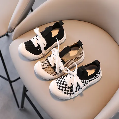 Kids Fashion Sneakers For Girls Boys Casual Sporty Running Shoes With Rubber Sole Knitted PU Material Breathable School Shoes