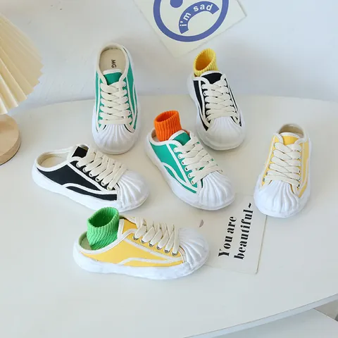 Zapatillas Mule de Lona para Niños con Punta de Concha Sin Cordones Zapatos Casuales para Niños Niñas Zapatillas de Lona Transpirables de Perfil Bajo