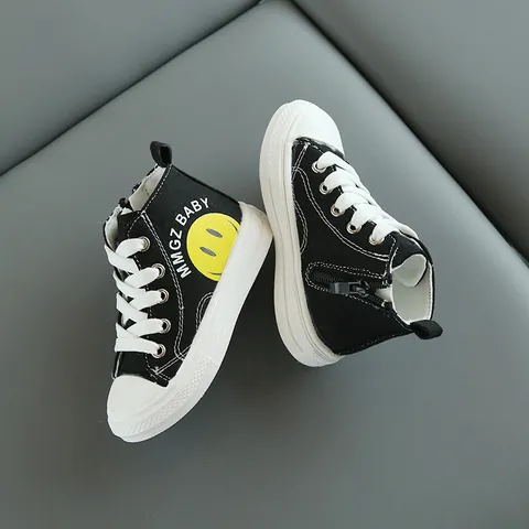 Kinder High Top Segeltuchschuhe Smiley-Design Mit Seitlichem Reißverschluss Atmungsaktive Lässige Sneaker Für Jungen Mädchen Rutschfeste Gummisohle Schulschuhe