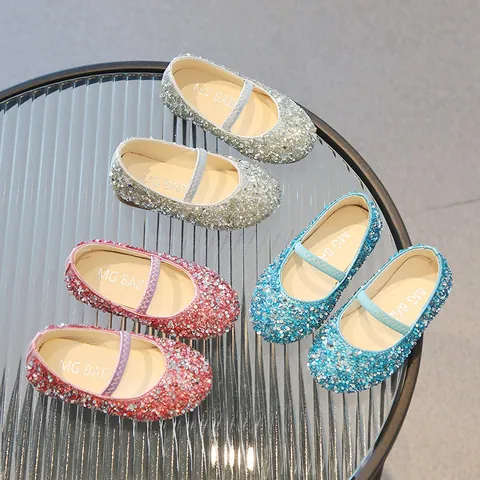 Girls Sequined Princess Mary Jane Shoes Soft Sole Sparkling Crystal Flat Shoes For Wedding Party Performance Kids Single Shoes