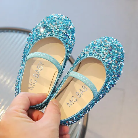 Girls Sequined Princess Mary Jane Shoes Soft Sole Sparkling Crystal Flat Shoes For Wedding Party Performance Kids Single Shoes