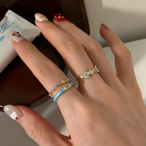 Elegant Blue Enamel Flower Open Ring For Women Gold Plated Alloy Zirconia Adjustable Finger Ring Daily Party Jewelry Gift