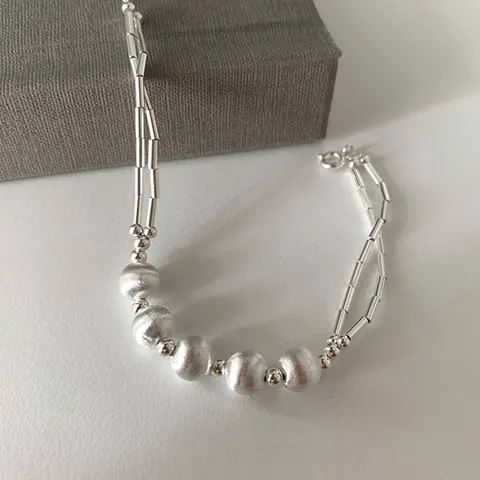 925 Sterling Silver Bracelet For Women Minimalist Brushed Frosted Round Beads Double Strand Adjustable Hand Jewelry Gift Elegant Accessories