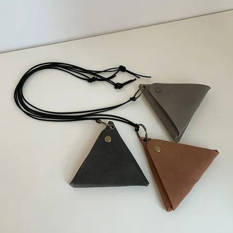 Vintage Triangle Leather Glasses Storage Bag Necklace Pendant For Women Portable Double Sided Mini Coin Purse With Cord