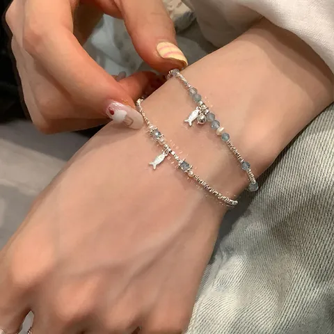 S925 Sterling Silver Little Fish Beaded Bracelet For Women Elegant Blue Crystal Pearl Adjustable Marine Design Jewelry