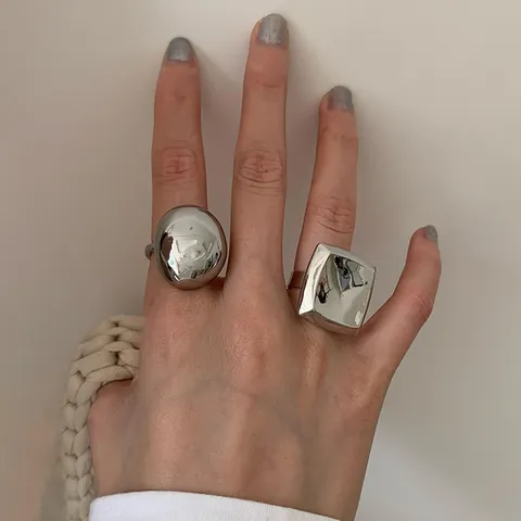 Anillo De Aleación Minimalista Vintage Francés Para Mujer Cuadrado Ovalado Geométrico Grueso Plateado Cepillado Pulido Ajustable