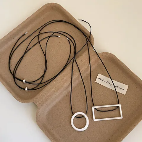 Minimalist Geometric Metal Pendant Necklace For Women Adjustable Black Cord Brushed Finish Round Rectangle Necklace Jewelry