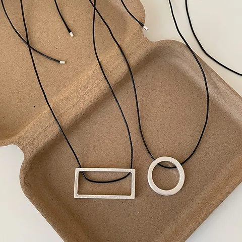Minimalist Geometric Metal Pendant Necklace For Women Adjustable Black Cord Brushed Finish Round Rectangle Necklace Jewelry