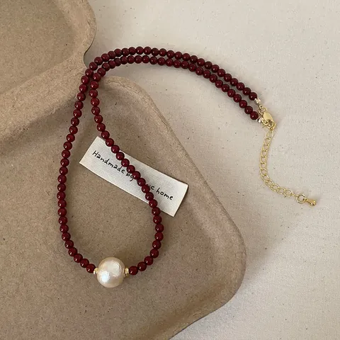 Vintage Ancora Red Beaded Pearl Necklace For Women Elegant Gold Plated Cotton Pearl Choker Wedding Party Fashion Jewelry