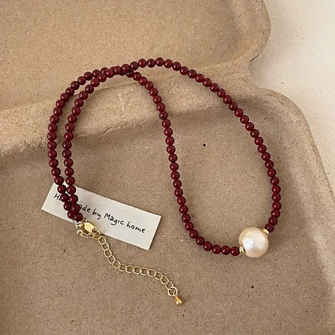 Vintage Ancora Red Beaded Pearl Necklace For Women Elegant Gold Plated Cotton Pearl Choker Wedding Party Fashion Jewelry
