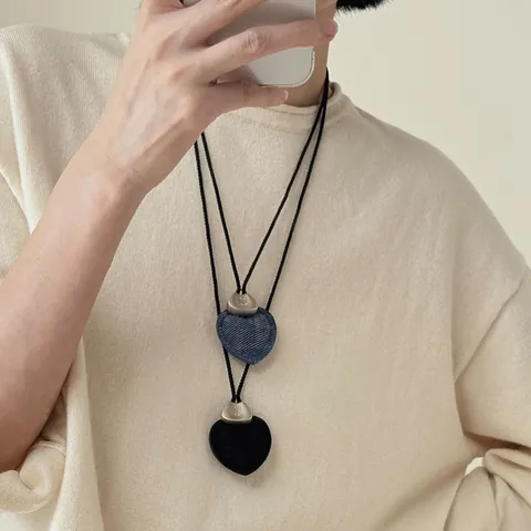Korean Ins Retro Heart Pendant Necklace For Women Alloy Metal Leather Denim Velvet Material Braided Cord Neck Chain Jewelry
