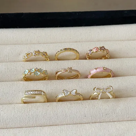Sweet Enamel Butterfly Flower Open Ring For Women Gold Plated Adjustable Geometric Rhinestone Bowknot Fashion Jewelry Gift