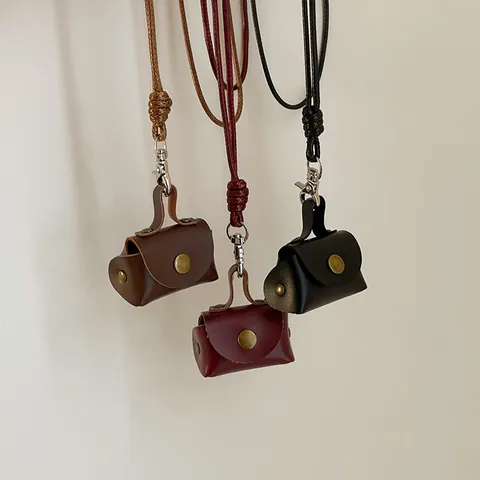 Retro Mini Bag Pendant Necklace PU Leather Earphone Case Coin Purse Jewelry For Women Braided Rope Cute Fashion Accessory