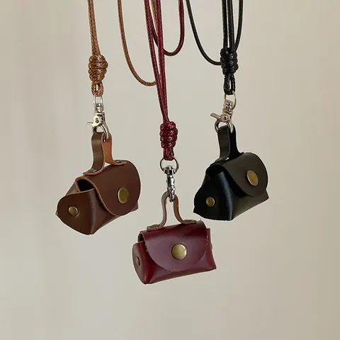 Retro Mini Bag Pendant Necklace PU Leather Earphone Case Coin Purse Jewelry For Women Braided Rope Cute Fashion Accessory