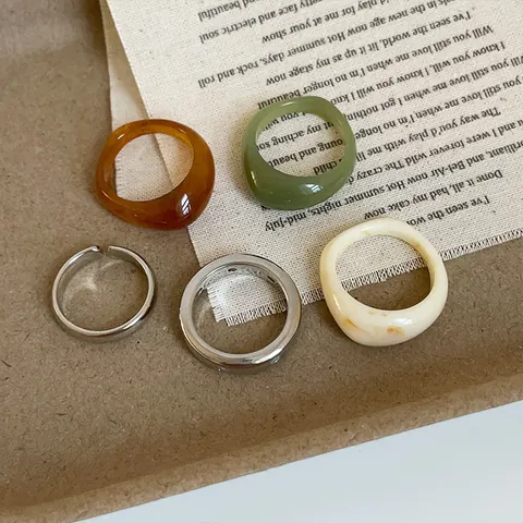 Minimalist Irregular Resin Metal Ring For Women Vintage Geometric Brown Green Cream Silver Open Ring Fashion Jewelry