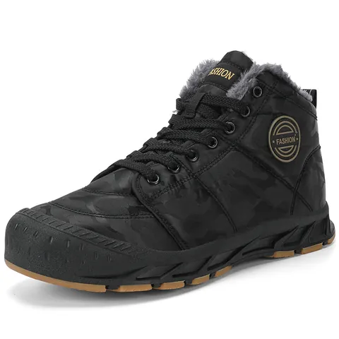 Men Camouflage High Top Snow Boots Fleece Lined Winter Warm Lace Up Hiking Shoes Anti Slip Rubber Sole Outdoor Cotton Boots