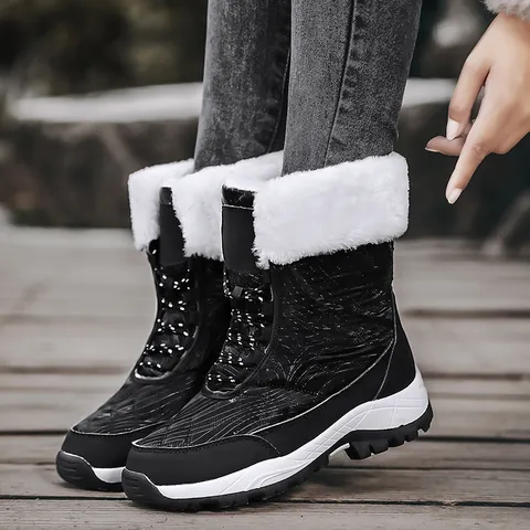 Botas de Nieve de Invierno para Mujer Forradas de Piel Sintética Cálidas Zapatos de Caminata Antideslizantes de Cuero PU Acolchado