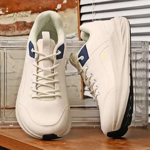 Men's Casual PU Leather Sports Shoes Thick Sole Lightweight Breathable Outdoor Hiking Running Sneakers For Men Black Beige
