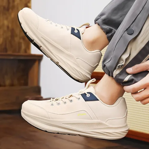 Men's Casual PU Leather Sports Shoes Thick Sole Lightweight Breathable Outdoor Hiking Running Sneakers For Men Black Beige