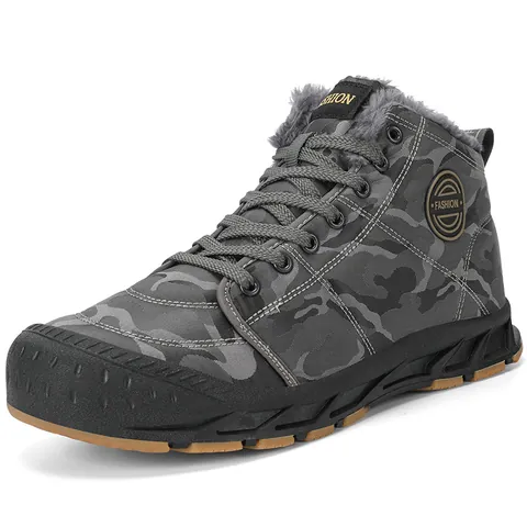 Men Camouflage High Top Snow Boots Fleece Lined Winter Warm Lace Up Hiking Shoes Anti Slip Rubber Sole Outdoor Cotton Boots