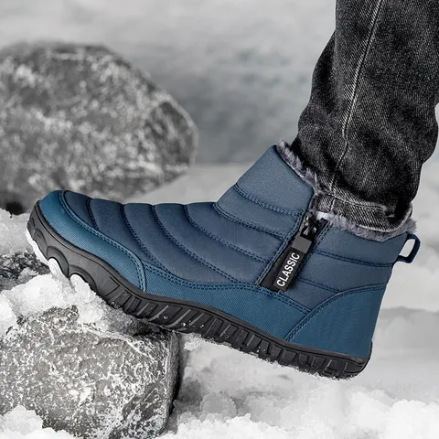 Unisex Outdoor Snow Boots Waterproof Jacquard Cloth Warm Plush Lining Non-Slip Hiking Shoes Side Zipper Winter Hiking Boots