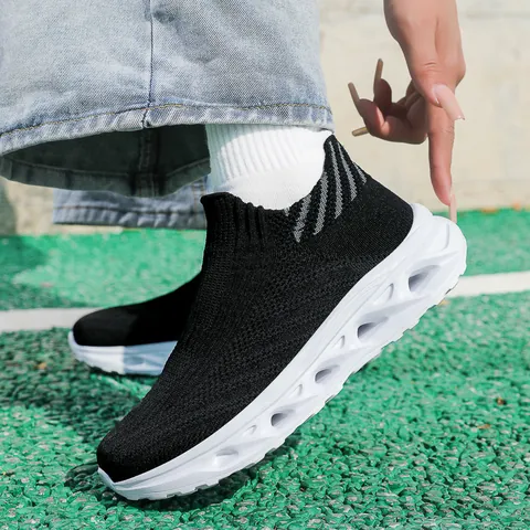 Casual Slip On Running Shoes For Men Women Breathable Fly Knit Mesh Sneakers Hollow Out Shock Absorption Lightweight Walking Shoes Large Size