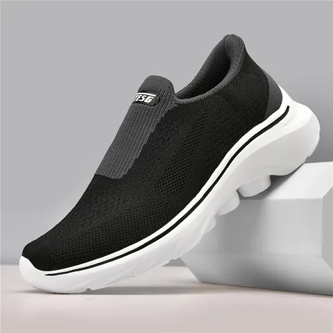 Men Slip On Walking Shoes Breathable Flyknit Fabric Soft Sole Non Slip Casual Daily Sport Comfort Loafers For Men
