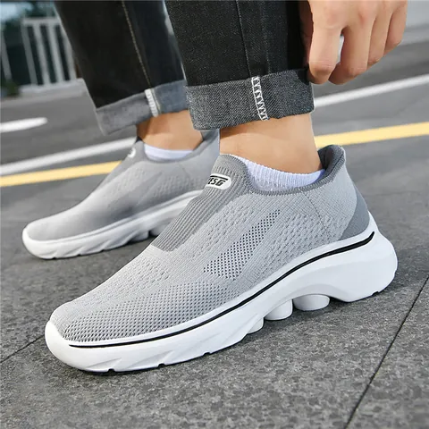 Men Slip On Walking Shoes Breathable Flyknit Fabric Soft Sole Non Slip Casual Daily Sport Comfort Loafers For Men