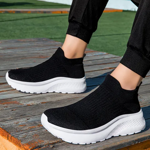 Men's Women's Breathable Knit Sock Sneakers Lightweight Slip-on Walking Shoes With Thick Sole Wide Toe Box Casual Athletic Footwear