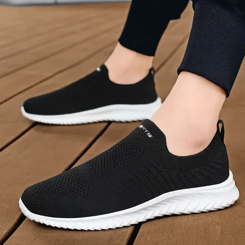 Men Women Slip-On Breathable Flyknit Walking Shoes Lightweight Thick Sole Casual Fitness Sneakers Daily Sports Shoes