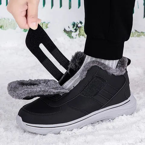 Men Winter Snow Boots Waterproof High Top Walking Shoes With Faux Fur Lining Warm Non-Slip Velcro Cotton Shoes For Elderly