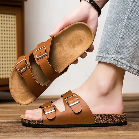 Unisex Casual Double Buckle Slide Sandals Classic Cork Footbed Sandals PU Leather Adjustable Strap Slip-On Summer Beach Shoes