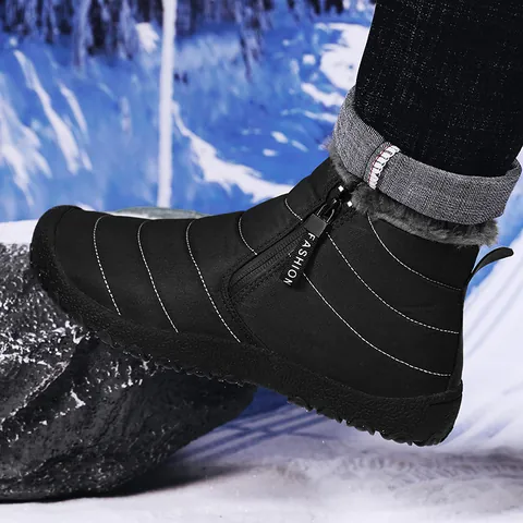 Men Winter Snow Boots Waterproof Nylon Fabric Warm Faux Fur Lined Anti-Slip Rubber Sole Side Zipper Outdoor Hiking Boots