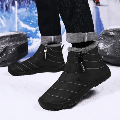 Men's Winter Snow Boots Waterproof Outdoor Cold Proof Fur Lined Boots With Side Zipper Non Slip Rubber Sole Warm Shoes