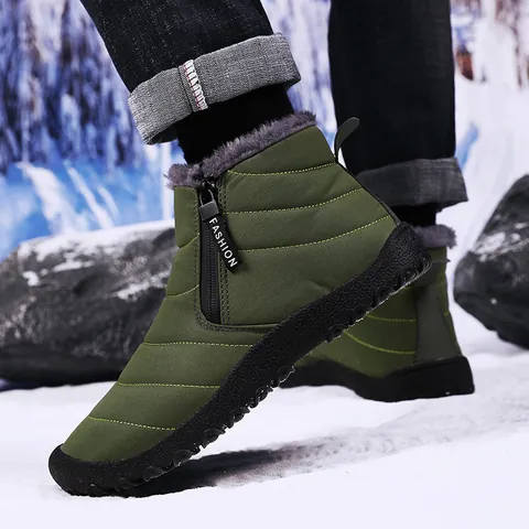 Men Winter Snow Boots Waterproof Fabric Warm Artificial Plush Lining Side Zipper Anti Slip Rubber Sole Outdoor Footwear