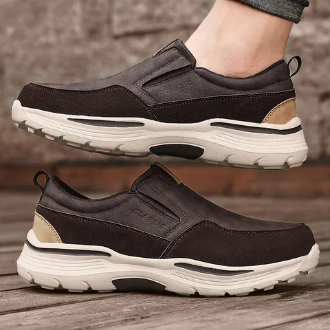 Men's Casual Slip On Shoes Microfiber Leather Loafers Breathable Shock Absorbing Round Toe Thick Sole Footwear For Daily Work