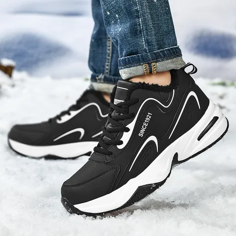 Chaussures de Sport d'Hiver Unisexe Doublées Polaire Cuir Microfibre Baskets de Course Chaudes Semelle Épaisse Antidérapante