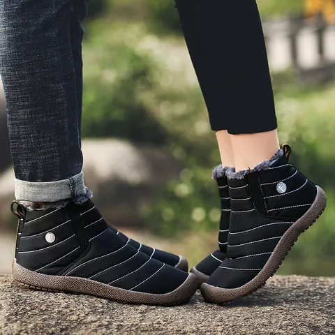 Men's Outdoor Waterproof Snow Boots Winter Warm Faux Fur Lined Quilted Ankle Boots Non-Slip Rubber Sole Casual Cotton Shoes