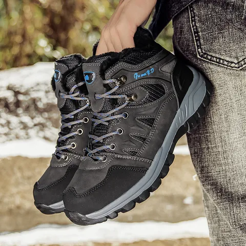 Men Women Outdoor Hiking Boots Winter Warm Faux Fur Lined High Top Snow Boots Non Slip Rubber Sole Lace Up Sport Walking Shoes