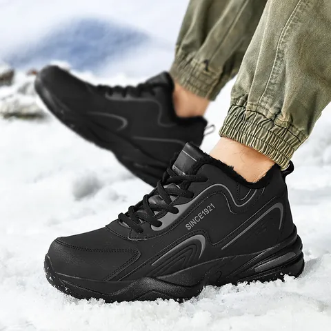 Chaussures de Sport d'Hiver Unisexe Doublées Polaire Cuir Microfibre Baskets de Course Chaudes Semelle Épaisse Antidérapante
