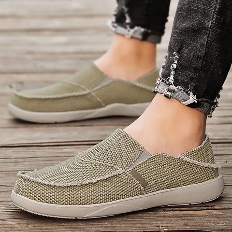 Men's Casual Canvas Loafers Slip-On Breathable Walking Shoes Lightweight Flat Sneakers With Vintage Raw Edges Comfortable Lazy Shoes