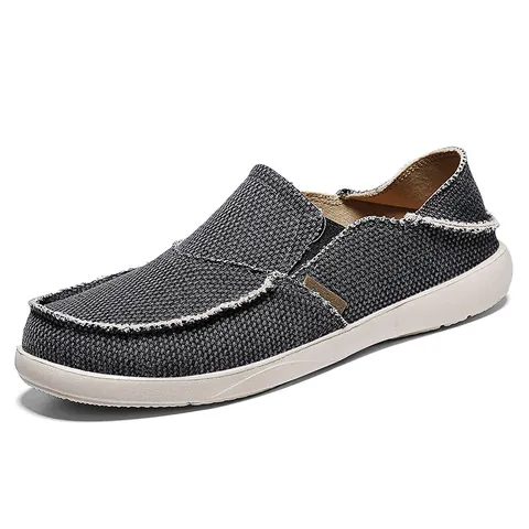 Men's Casual Canvas Loafers Slip-On Breathable Walking Shoes Lightweight Flat Sneakers With Vintage Raw Edges Comfortable Lazy Shoes