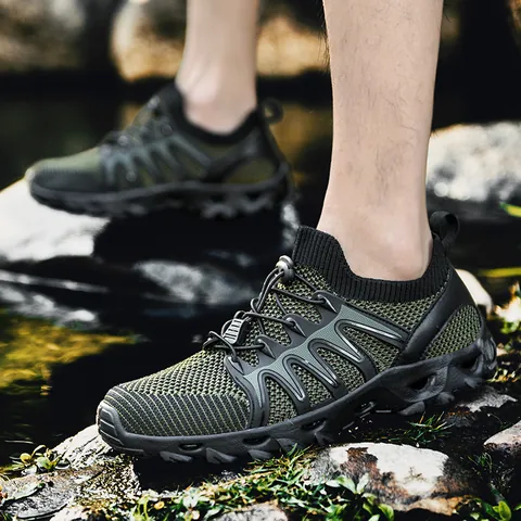 Men Outdoor Breathable Mesh Sneakers Quick-Drying Wading Shoes Lightweight Non-Slip Hiking Sport Shoes Rubber Sole Water Trekking Shoes